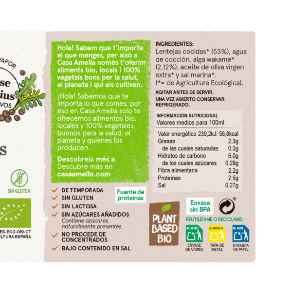 Crema de Lentejas con Alga Wakame Bio 490ml, Casa Amella